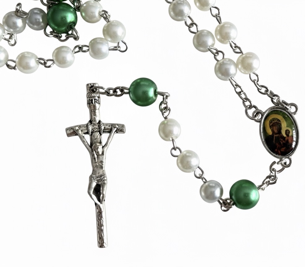 Różaniec szklany – Matka Boża Częstochowska i Jezus Miłosierny – 8 mm (etui gratis) - obrazek 3